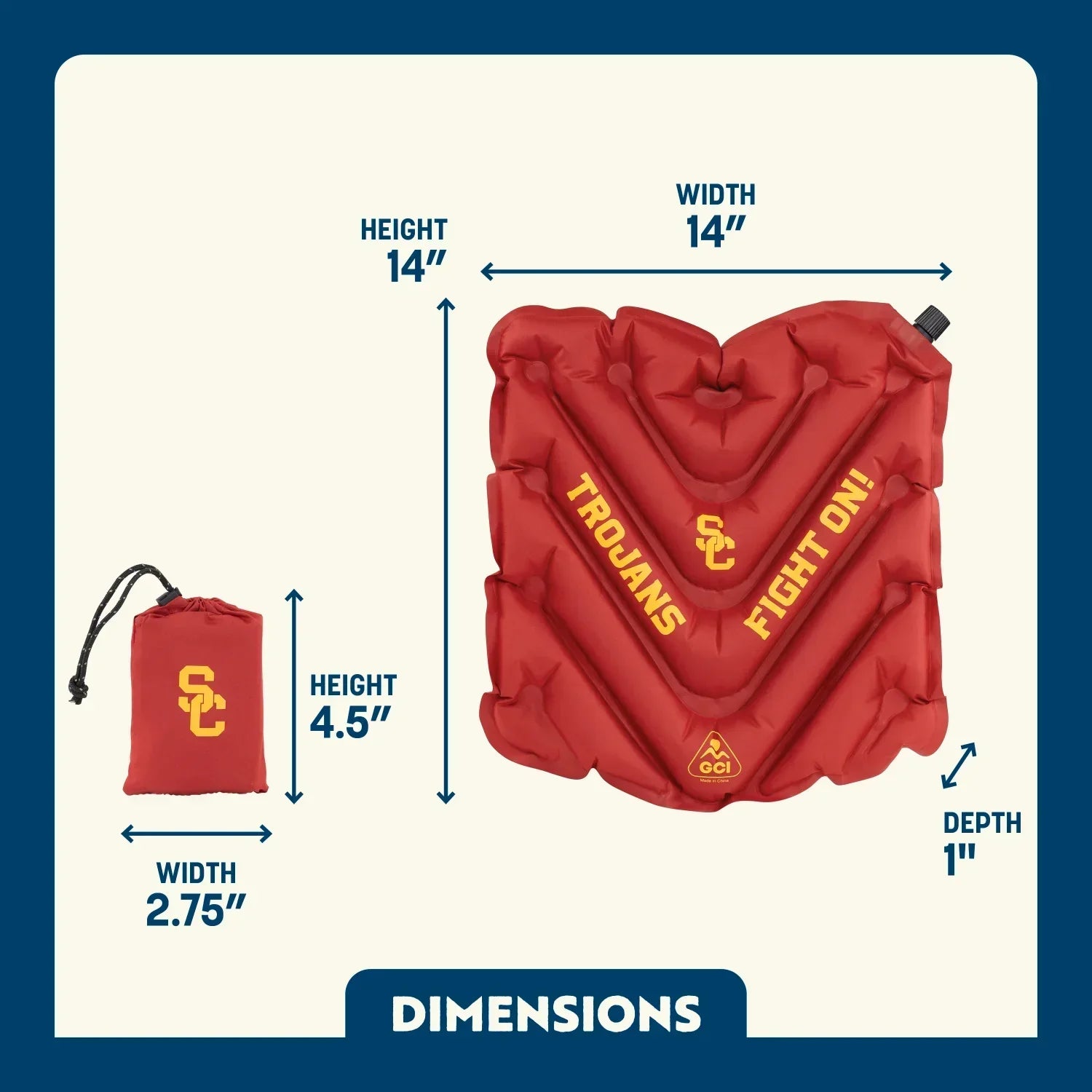 Secure-Hook College V Seat Inflatable Stadium Cushion - USC Trojans - Choice 523 - Lightweight Folding Bleacher Chair with Cushioning Detail