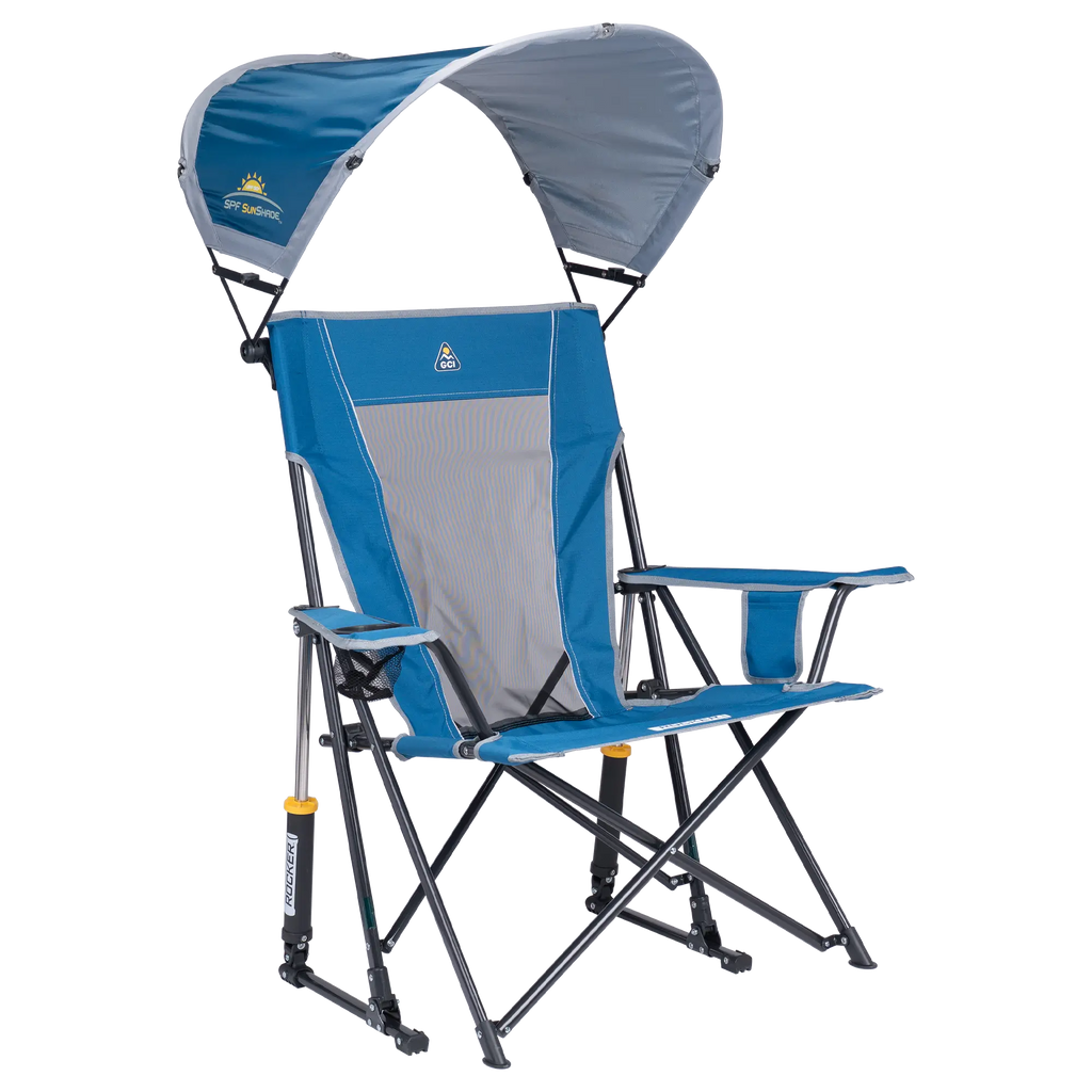 Premium All-Weather SunShade Rocker - Choice 550 - Patented Spring-Action Rocking Chair for Camping - Neptune Blue