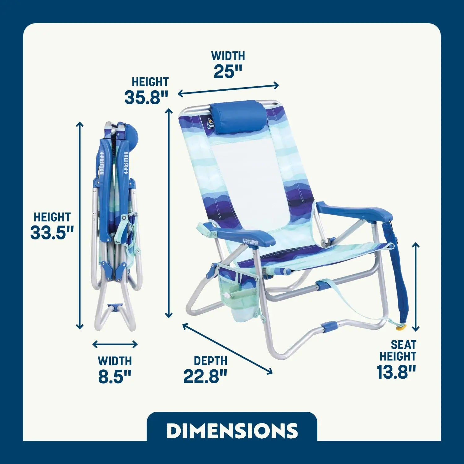 Backpack Travel Bi-Fold Beach Chair - Choice 601 - Portable Heavy-Duty Low Boy Chair for Ocean Side Detail