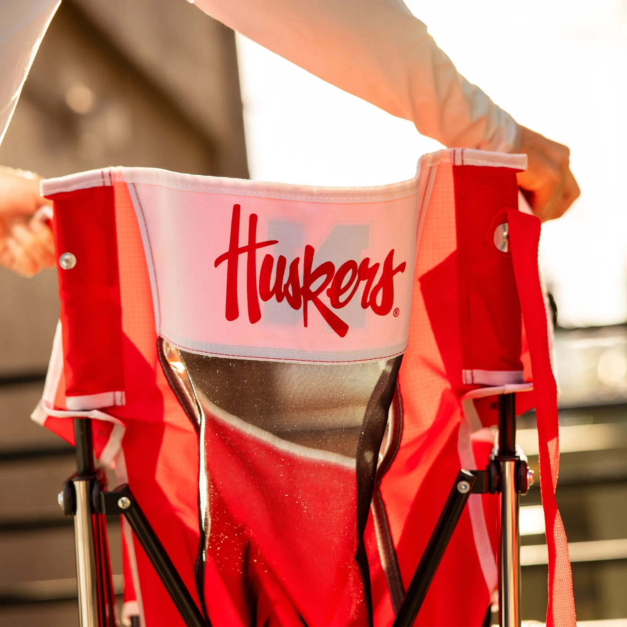 Patented Spring-Action College Comfort Pro Rocker - Nebraska Cornhuskers - Choice 161 - Heavy-Duty Kickback Rocker with Beverage Holder Detail