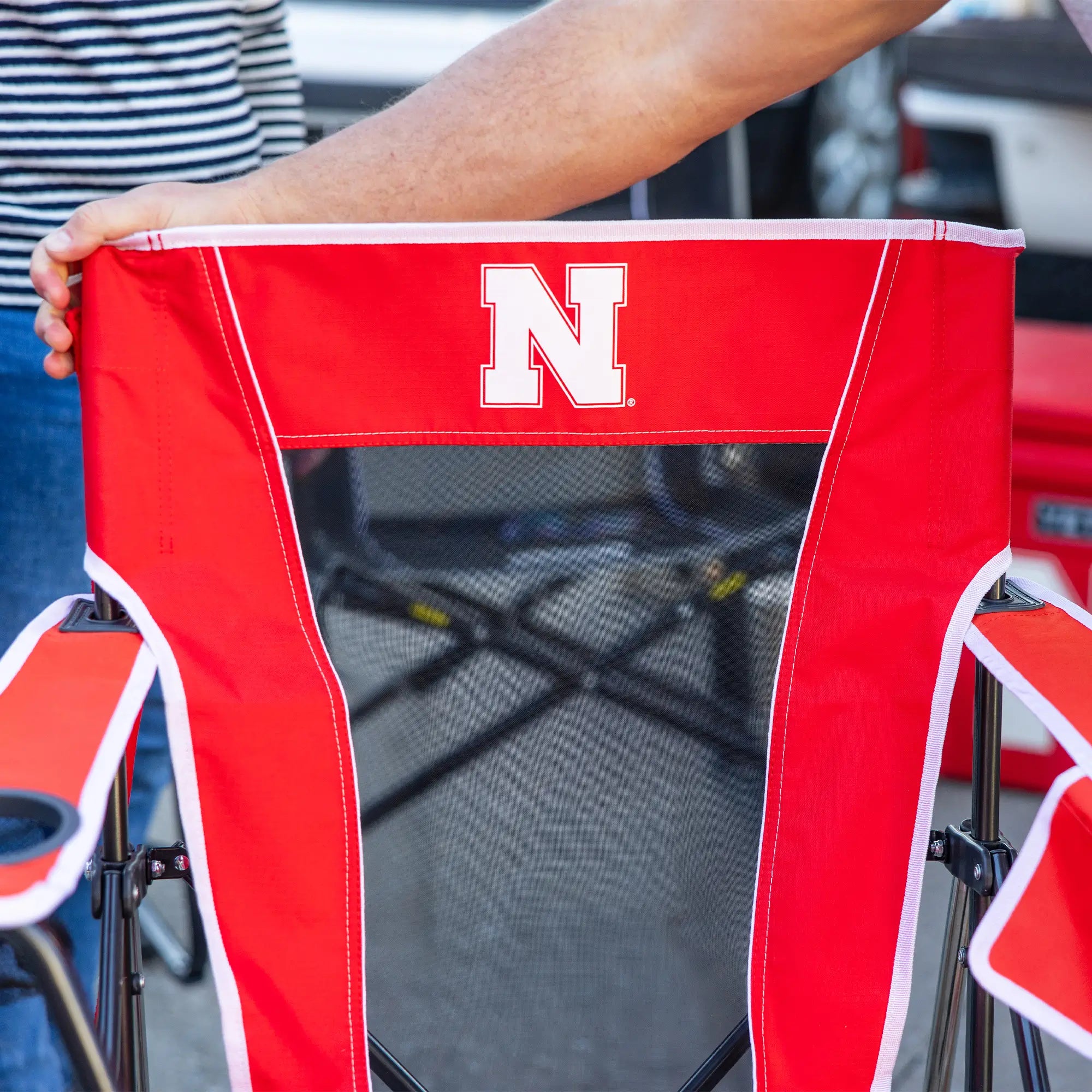 Patented Spring-Action College Comfort Pro Rocker - Nebraska Cornhuskers - Choice 161 - Heavy-Duty Kickback Rocker with Beverage Holder Detail