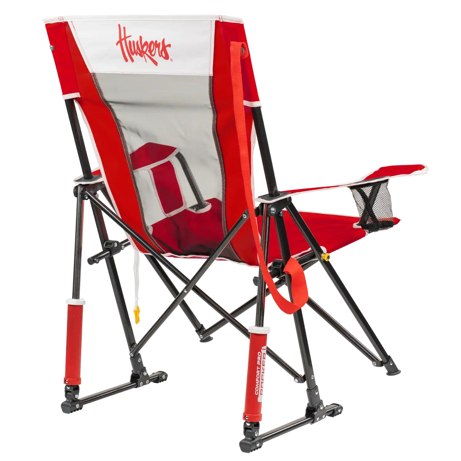 Patented Spring-Action College Comfort Pro Rocker - Nebraska Cornhuskers - Choice 161 - Heavy-Duty Kickback Rocker with Beverage Holder Detail