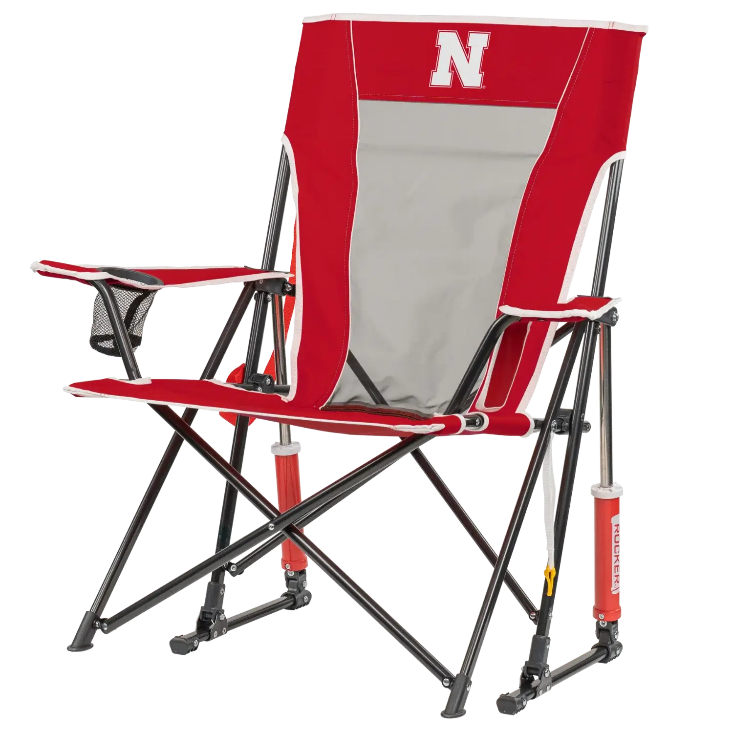 Patented Spring-Action College Comfort Pro Rocker - Nebraska Cornhuskers - Choice 161 - Heavy-Duty Kickback Rocker with Beverage Holder Detail
