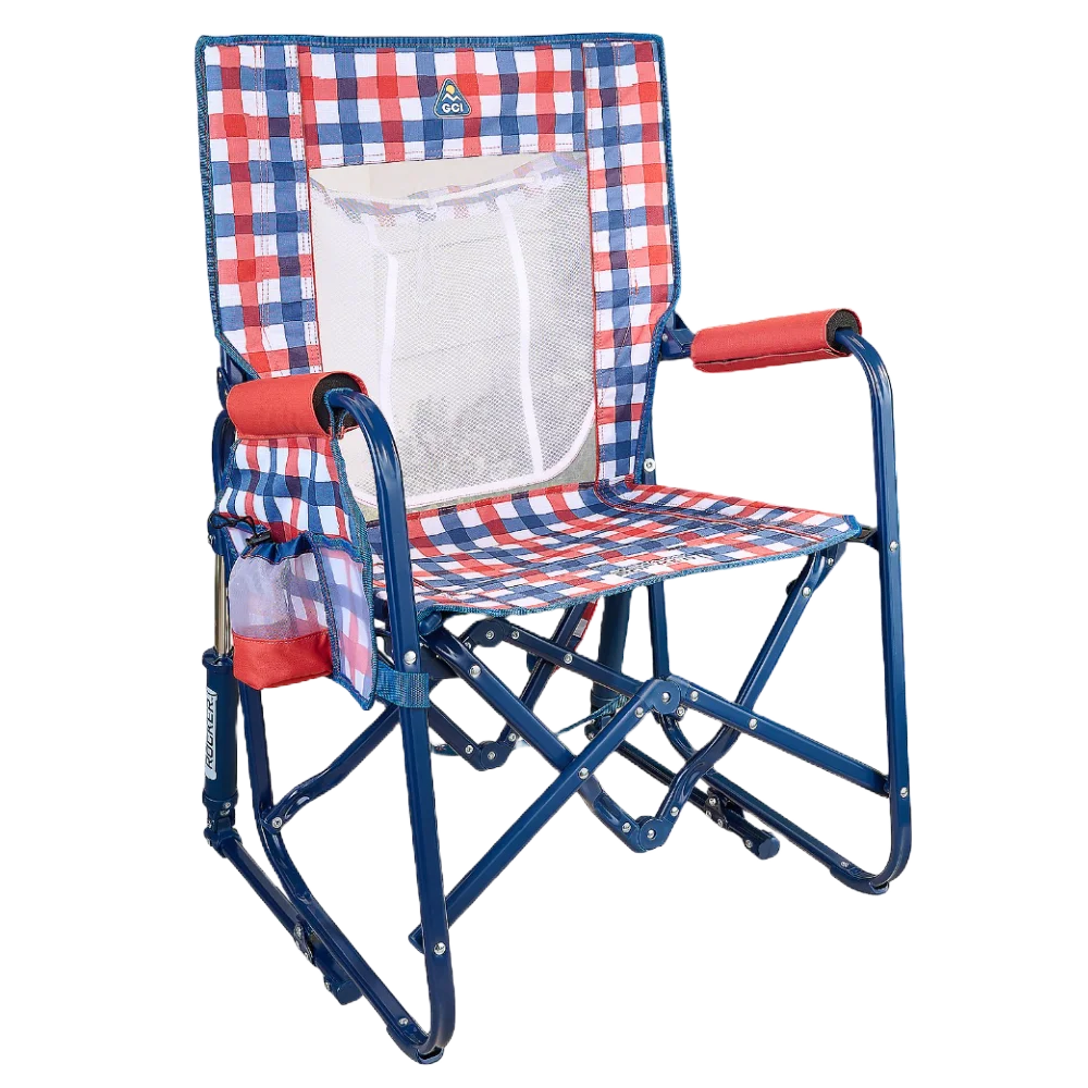Smooth Motion Stowaway Rocker with Storage Pouch - Choice 573 - Freestyle Rocker Portable Outdoor Folding Chair - Patriotic Plaid