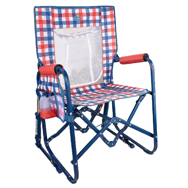 Smooth Motion Stowaway Rocker with Storage Pouch - Choice 573 - Freestyle Rocker Portable Outdoor Folding Chair - Patriotic Plaid