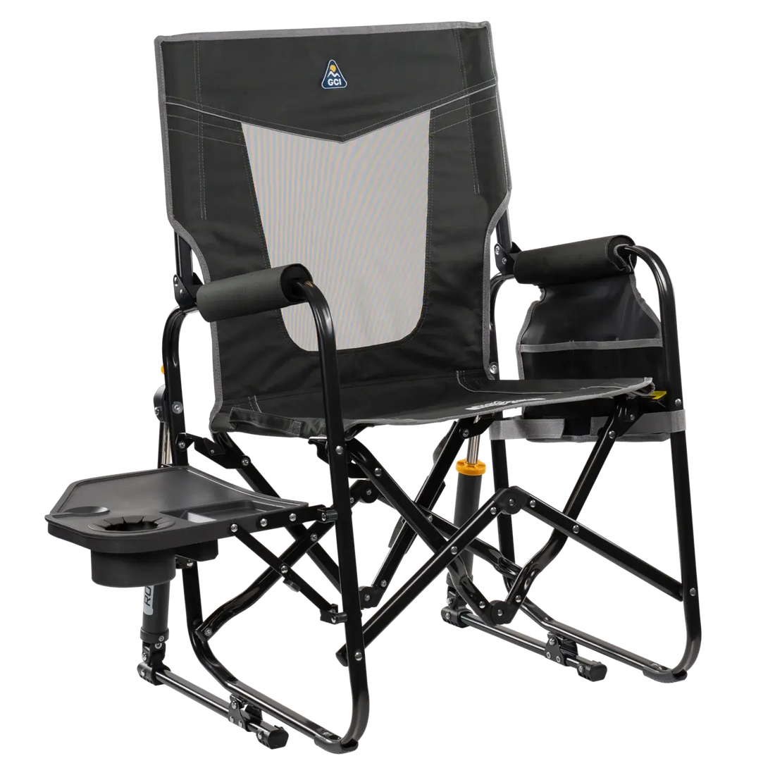 Premium All-Weather Stowaway Rocker with Side Table - Choice 253 - Heavy-Duty Kickback Rocker with Beverage Holder - Dark Charcoal